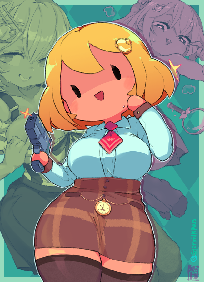 bangs, black_eyes, blonde_hair, breasts, brown_skirt, english_commentary, gun, hair_ornament