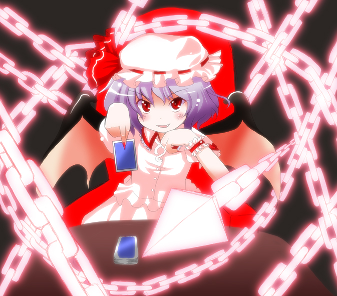 1girl, bat_wings, card_deck, dress, hat, light_purple_hair, mob_cap, nail, pink_dress, pov, puffy_short_sleeves, puffy_sleeves, purple_hair, red_chair, red_eyes, remilia_scarlet, short_sleeves, spell_card, ta_299, touhou, wings, wrist_cuffs