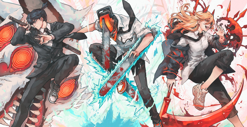 2boys, 2girls, black_necktie, black_neckwear, black_pants, black_suit, business_suit, chainsaw