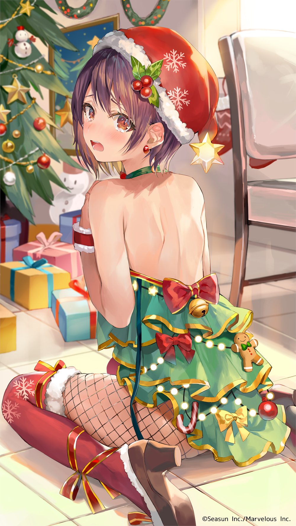 1girl, back, backless_dress, backless_outfit, bangs, black_legwear, blurry, blurry_background