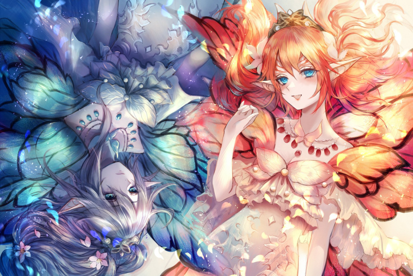 2others, bangs, blue_dress, blue_eyes, butterfly_wings, commentary, detached_sleeves, dress