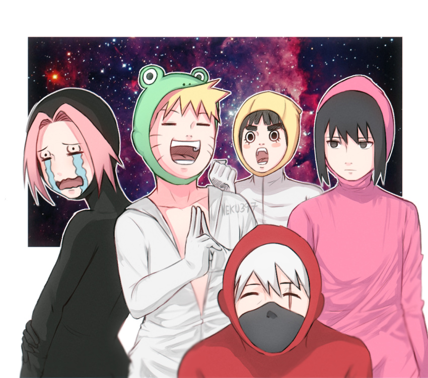1girl, 4boys, cosplay, crossover, crying, filthy_frank, gag, haruno_sakura, hatake_kakashi, joji, multiple_boys, naruto, naruto_(series), neku397, open_mouth, rock_lee, uchiha_sasuke, universe, uzumaki_naruto