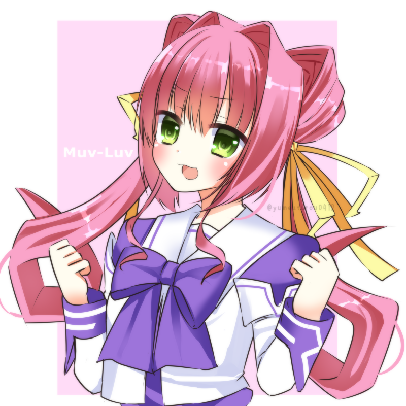 blush, bow, clenched_hands, copyright_name, cropped_torso, eyebrows_visible_through_hair, green_eyes, hair_ears