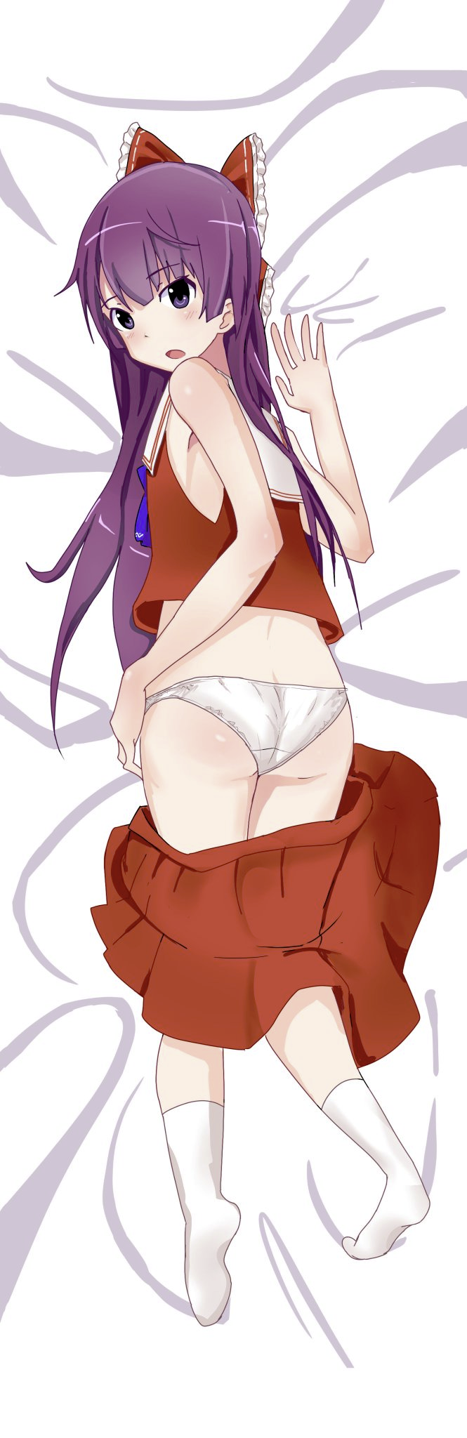 1boy, ascot, ass, back, bangs, blue_ascot, blush, bow, clothes_pull, commission, cookie_(touhou), crop_top, dakimakura_(medium), eyebrows_visible_through_hair, frilled_bow, frills, full_body, hair_bow, hakurei_reimu, highres, long_hair, looking_at_viewer, male_focus, mugi_(cookie), namorton09, open_mouth, otoko_no_ko, panties, purple_hair, red_bow, red_shirt, red_skirt, sailor_collar, shirt, skirt, skirt_pull, sleeveless, sleeveless_shirt, socks, solo, touhou, underwear, violet_eyes, white_legwear, white_panties