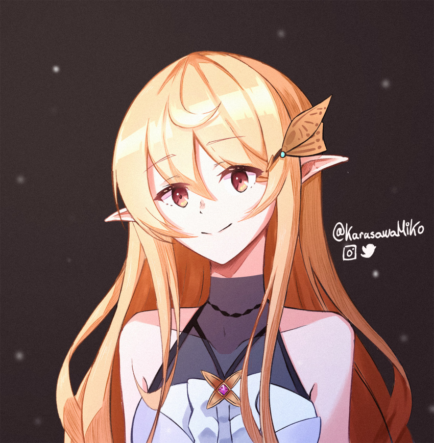 1girl, bangs, black_background, brown_eyes, butterfly_hair_ornament, collarbone, eyebrows_visible_through_hair, hair_behind_ear