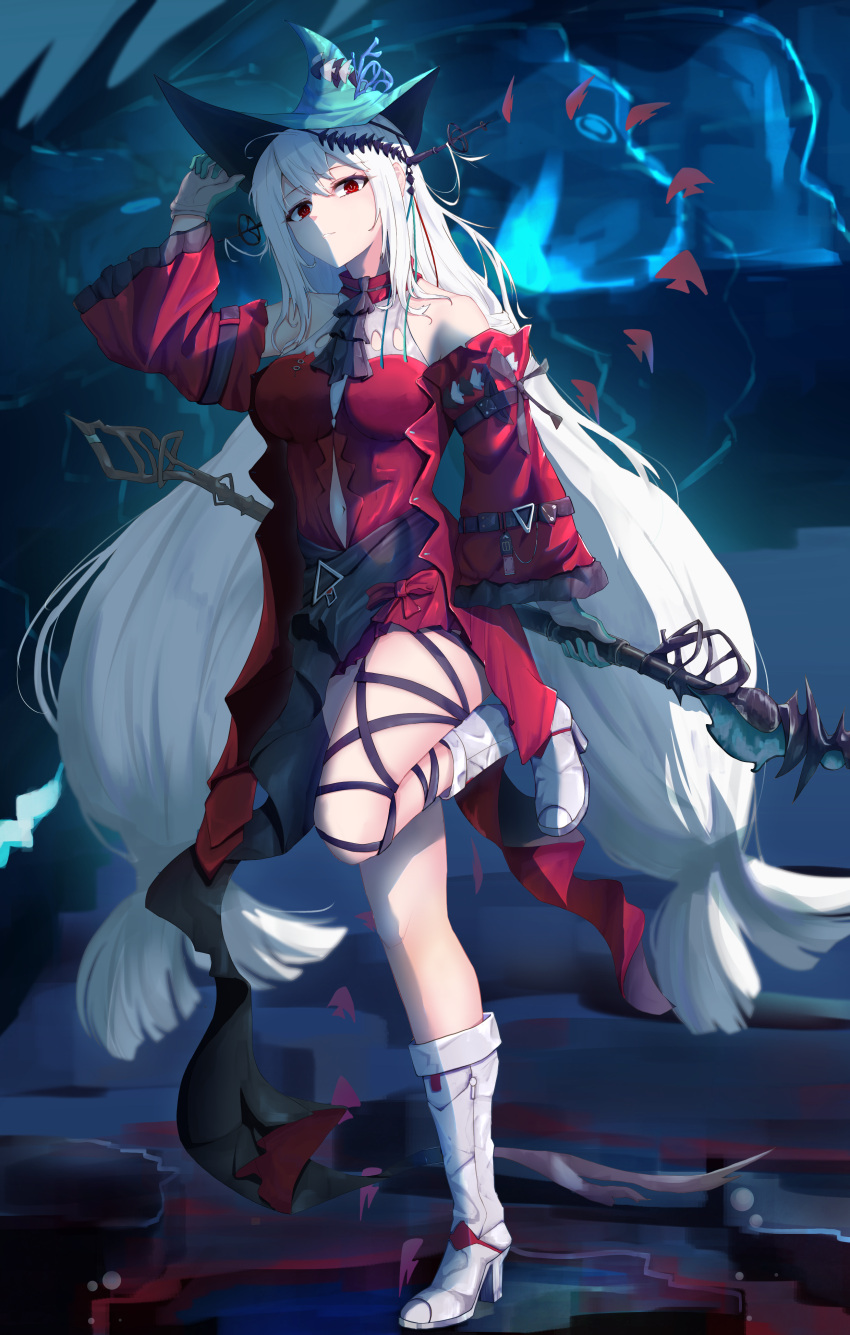 1girl, absurdres, adjusting_clothes, adjusting_headwear, aqua_gloves, aqua_headwear, arknights, ascot