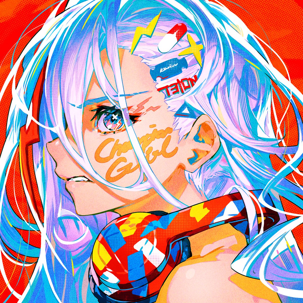 1girl, album_cover, bangs, bare_shoulders, blue_eyes, body_writing, clenched_teeth, collarbone