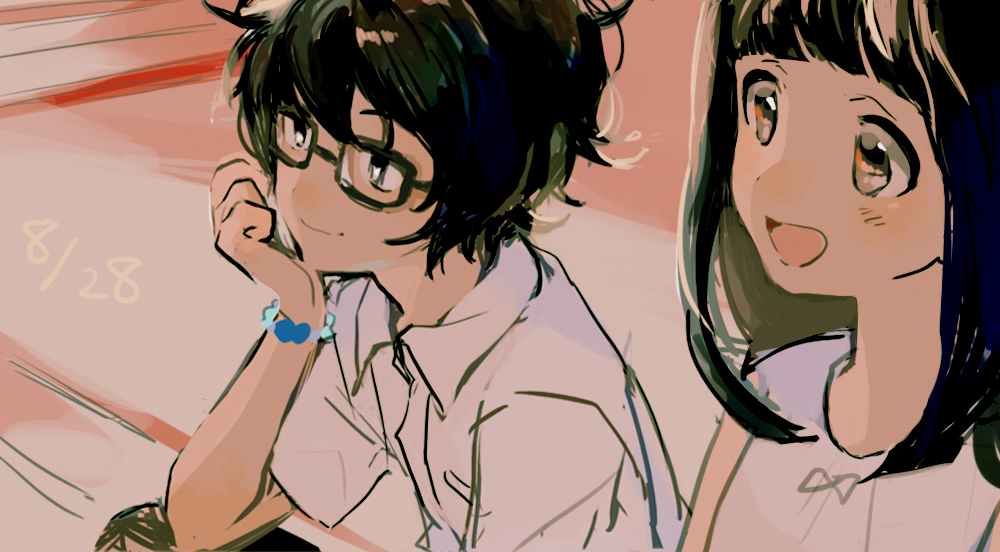 1boy, 1girl, :d, backlighting, bangs, black-framed_eyewear, black_eyes, black_hair