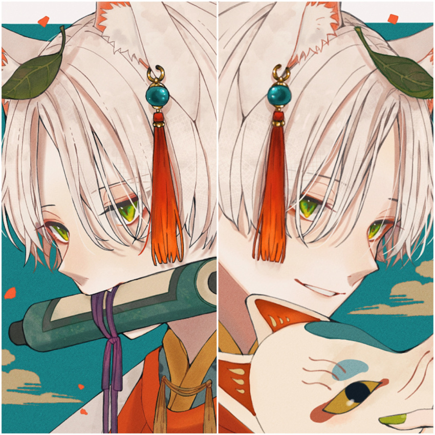2boys, animal_ear_fluff, animal_ears, fang, fox_ears, fox_mask, green_eyes, highres