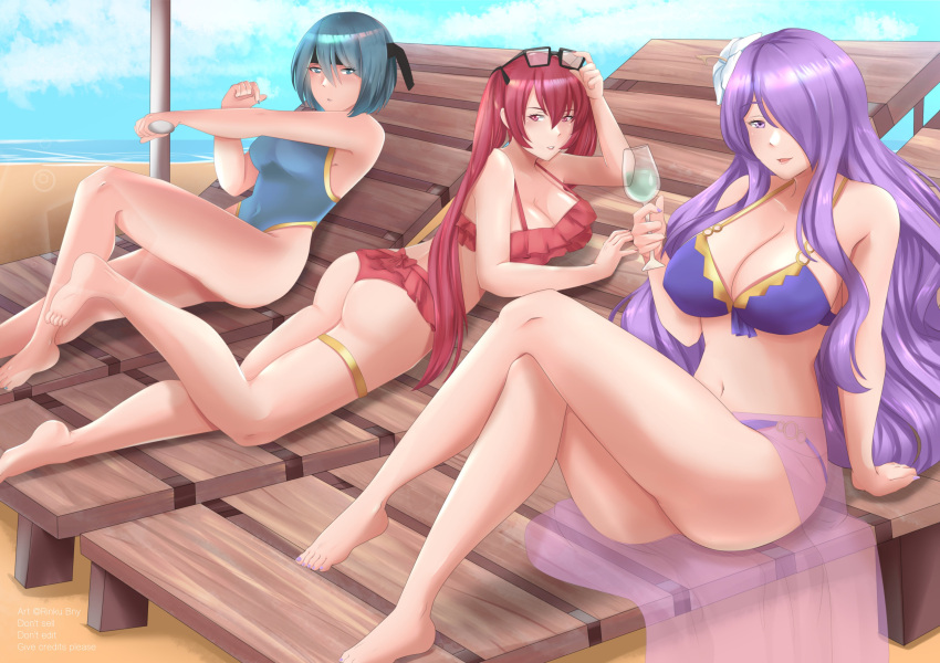 absurdres, ass, beach, beruka_(fire_emblem), bikini, bikini_skirt, blue_hair, breasts
