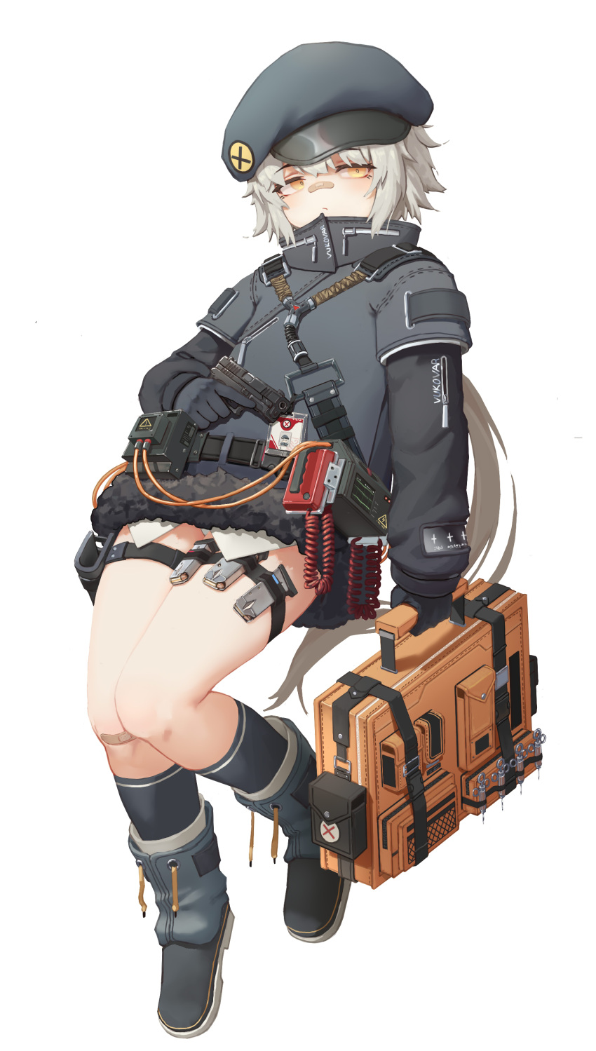 1girl, absurdres, bandaid, bandaid_on_knee, bandaid_on_nose, beret, briefcase, defibrillator