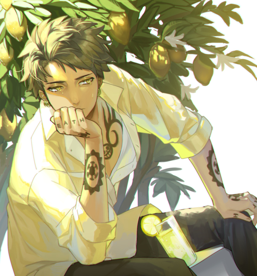 1boy, arm_tattoo, black_hair, black_pants, bow_(tanaka_1001), bush, chest_tattoo, commentary_request