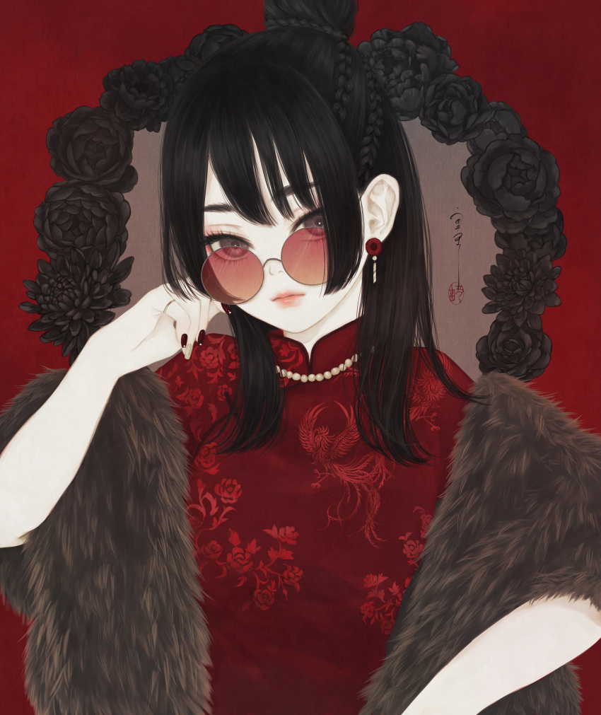 1girl, absurdres, animal_print, bangs, bird_print, black_flower, black_hair, black_rose