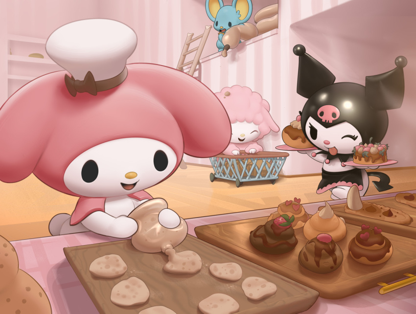 3girls, ^_^, animal_ears, animal_nose, apron, arms_up, banana, black_apron, black_bow, black_eyes, blank_eyes, body_fur, bow, cake, chef_hat, closed_eyes, closed_mouth, commentary_request, cooking, demon_tail, food, food_on_head, fruit, full_body, furry, furry_female, happy, hat, hat_bow, heart, holding, holding_food, holding_plate, icing, indoors, inkune, kuromi, ladder, mouse, mr._flat, multiple_girls, my_melody, my_sweet_piano, object_on_head, one_eye_closed, onegai_my_melody, open_mouth, pastry_bag, pink_fur, plate, rabbit_ears, rabbit_girl, rabbit_tail, sheep_ears, sheep_girl, shiny, smile, spilling, standing, strawberry, tail, tongue, tongue_out, tray, trolley, two-tone_fur, waist_apron, walking, white_fur, white_headwear, wooden_floor