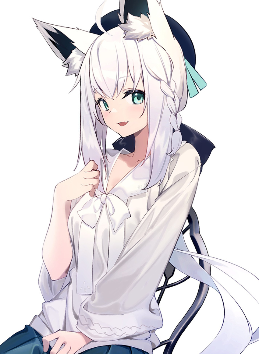 1girl, ahoge, animal_ear_fluff, animal_ears, bangs, blue_eyes, blue_skirt, braid