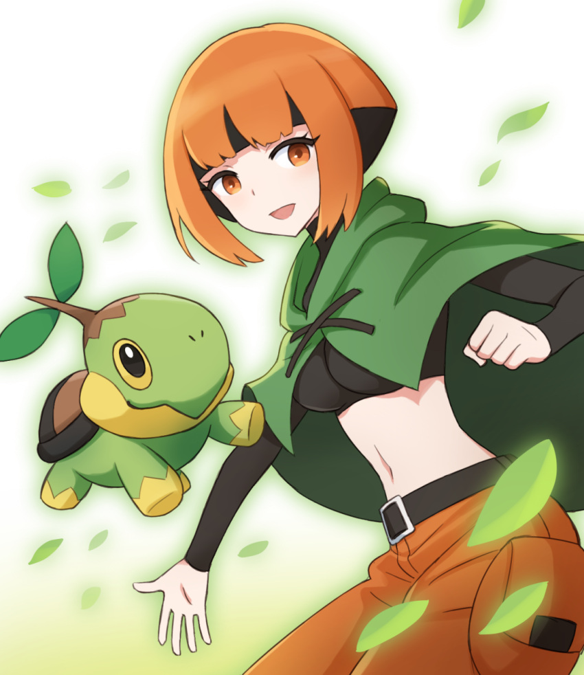 1girl, 1other, :d, bangs, belt, black_belt, black_hair, black_shirt, blunt_bangs, breasts, brown_eyes, brown_hair, brown_shorts, capelet, clenched_hand, commentary_request, cowboy_shot, crop_top, cropped_shirt, gardenia_(pokemon), green_capelet, highres, leaf, long_sleeves, looking_at_viewer, medium_breasts, midriff, multicolored_hair, navel, open_mouth, outline, partial_commentary, pokemon, pokemon_(creature), pokemon_(game), pokemon_bdsp, pokemon_dppt, roozin, shirt, short_hair, shorts, sidelocks, simple_background, smile, standing, turtwig, two-tone_hair, white_background