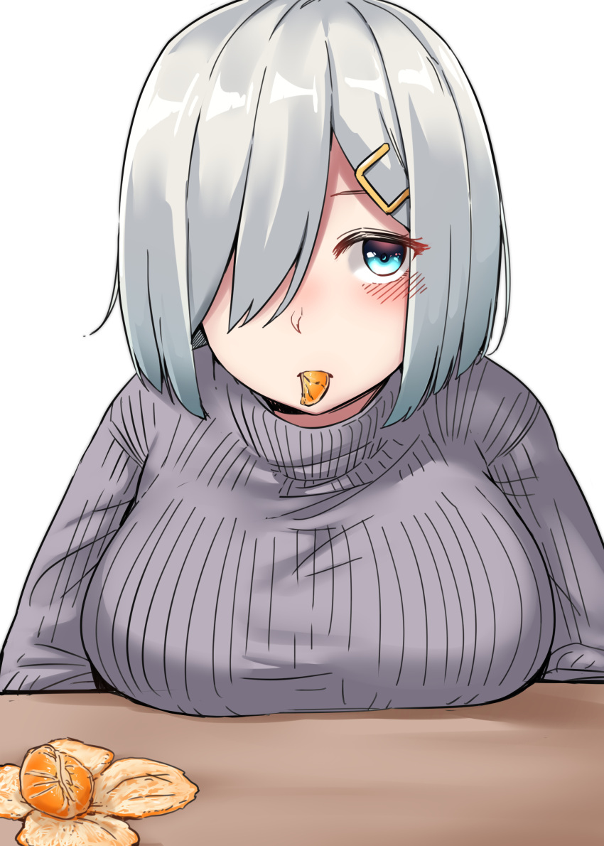 1girl, absurdres, blue_eyes, breasts, breasts_on_table, eating, food, food_in_mouth