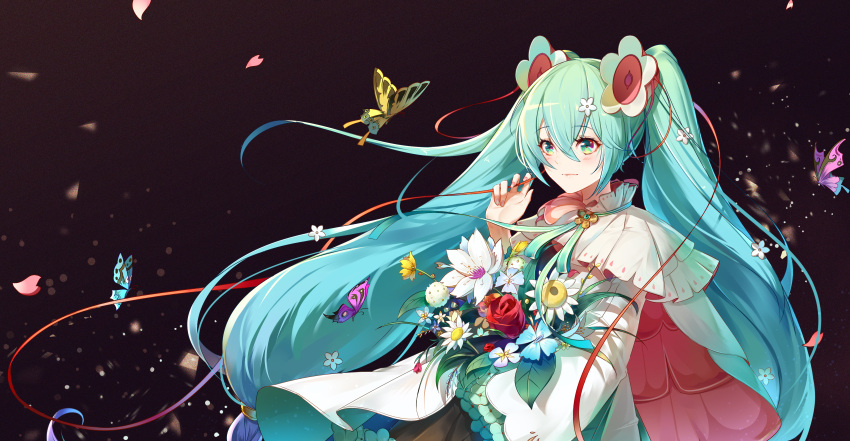1girl, absurdres, aqua_eyes, aqua_hair, ar_(3779609928), bug, butterfly, flower