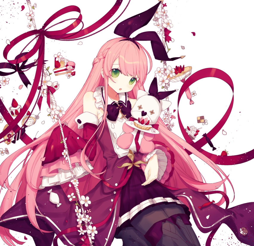 1girl, arcaea, bangs, blunt_bangs, boots, bow, cake, cot_(co2cotton)