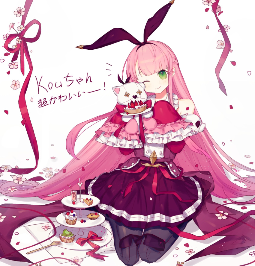 1girl, ;), arcaea, background_text, bangs, blunt_bangs, boots, bow