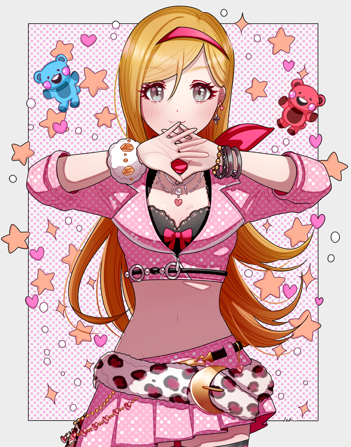 1girl, :3, bangs, blonde_hair, blush, border, bracelet, breasts, cowboy_shot, cross, cross_earrings, earrings, fujimoto_rina, grey_border, hairband, hands_up, heart, ich., idolmaster, idolmaster_cinderella_girls, jacket, jewelry, long_hair, long_sleeves, medium_breasts, midriff, miniskirt, navel, necklace, own_hands_together, pink_eyes, pink_hairband, pink_jacket, pink_skirt, pleated_skirt, scrunchie, skirt, smile, solo, star_(symbol), stomach, stuffed_animal, stuffed_toy, teddy_bear, thigh-highs, wrist_scrunchie