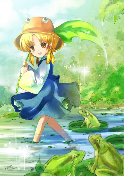 eyes, frog, hat, leaf, lily_pad, moriya_suwako, open_mouth, short_hair, signature, siukaukau, siukaukau24, smile, touhou, wading, yellow_eyes