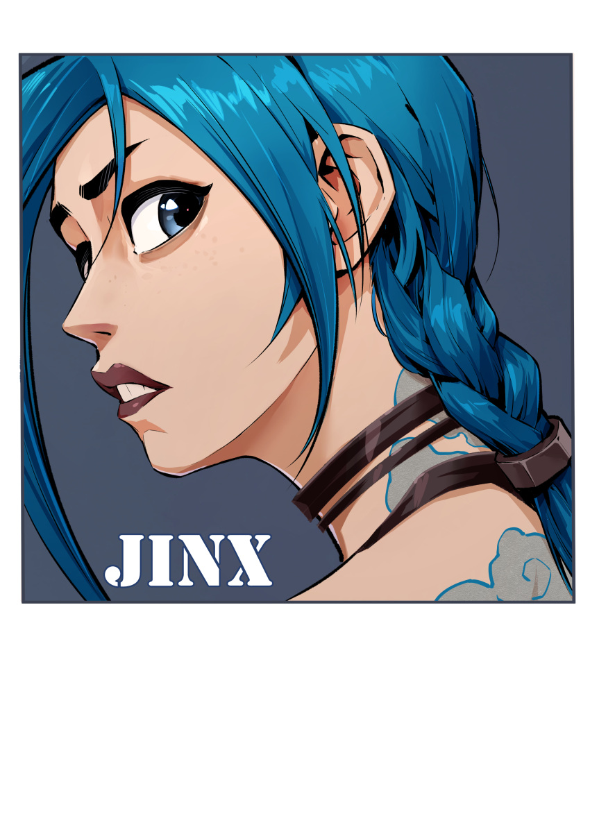 1girl, absurdres, arcane:_league_of_legends, asymmetrical_bangs, bangs, black_eyes, blue_hair, brown_background, brown_choker, bu_ruo1996_(caricaturist), character_name, choker, cloud_tattoo, commentary_request, face, from_side, highres, jinx_(league_of_legends), league_of_legends, long_hair, looking_at_viewer, neck_tattoo, red_lips, shiny, shiny_hair, shoulder_tattoo, sideways_glance, simple_background, tattoo, teeth, white_background