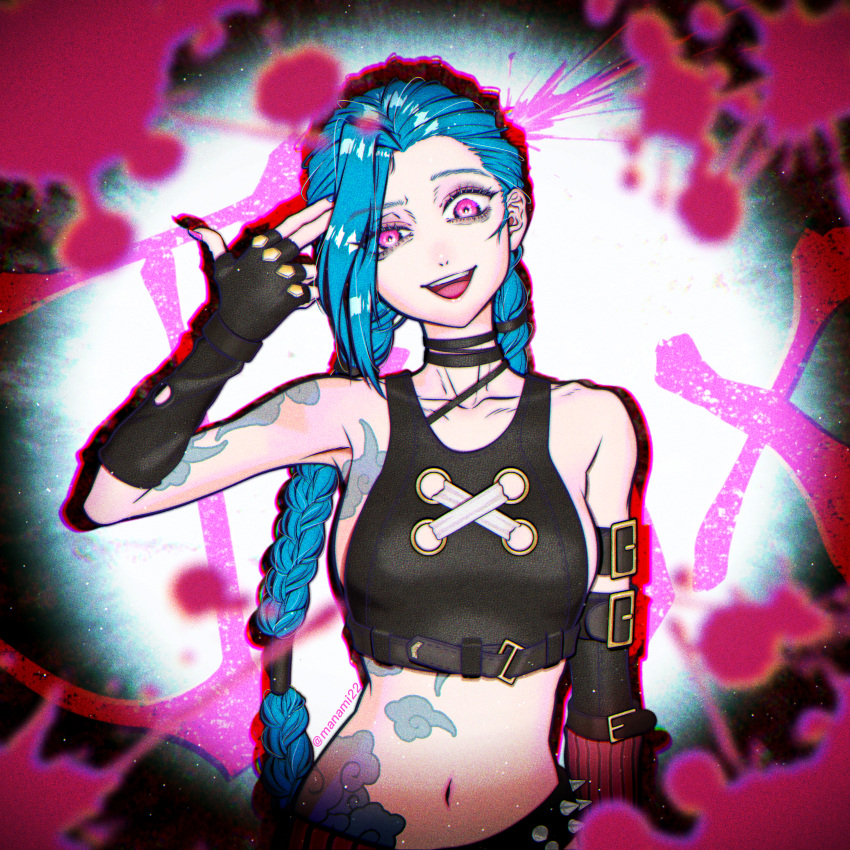 1girl, :d, absurdres, alternate_breast_size, aqua_hair, arcane:_league_of_legends, artist_name, asymmetrical_bangs