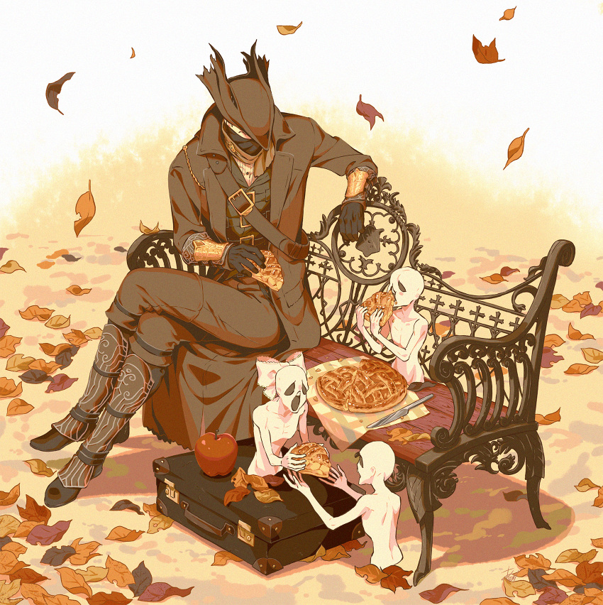 1boy, apple, apple_pie, arizuka_(catacombe), autumn_leaves, bangs, bench, black_footwear