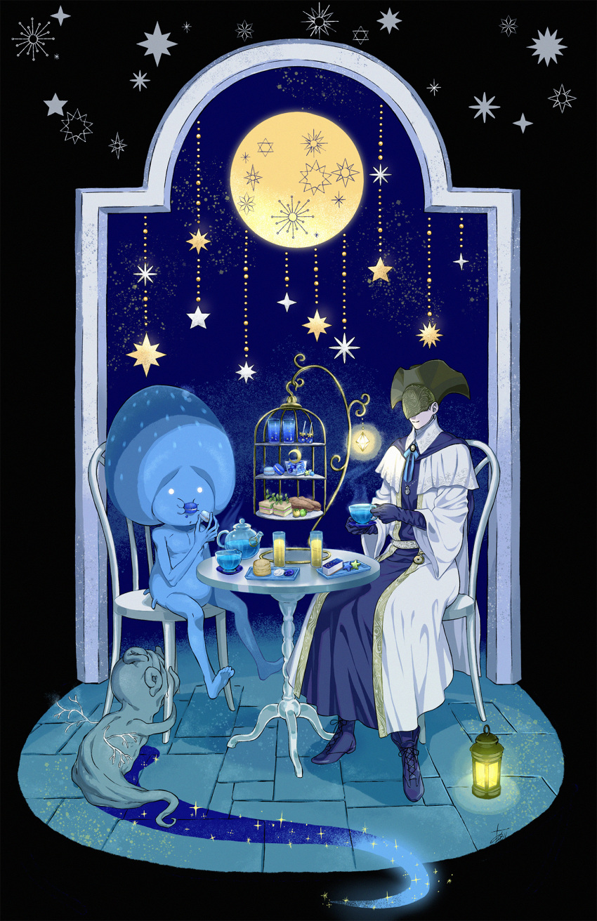 1girl, alien, arizuka_(catacombe), black_background, black_gloves, black_headwear, bloodborne, blue_background, blue_skin, boots, celestial_child, celestial_emissary, chair, colored_skin, covered_eyes, cup, eating, food, glass, gloves, hat, highres, lamp, long_sleeves, macaron, moon, pastry, plate, sitting, smile, star_(symbol), stone_floor, table, tea_party, teacup, teapot, tiered_tray, yurie_the_last_scholar