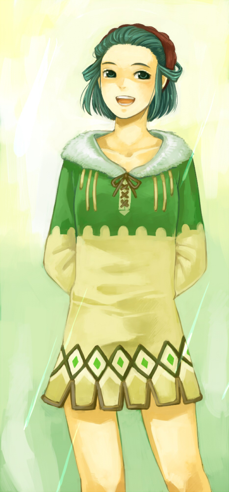 arms_behind, arms_behind_back, female, g-kokan, green_eyes, green_hair, hairband, open_mouth