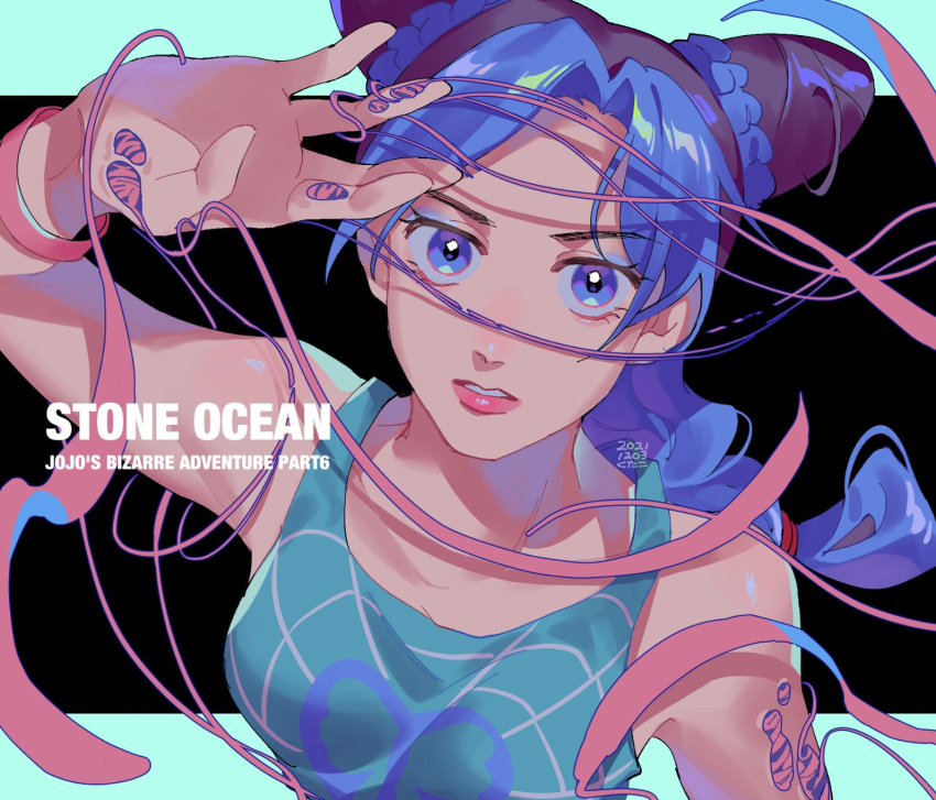 1girl, alternate_color, alternate_eye_color, alternate_hair_color, blue_eyes, blue_hair, braid, double_bun