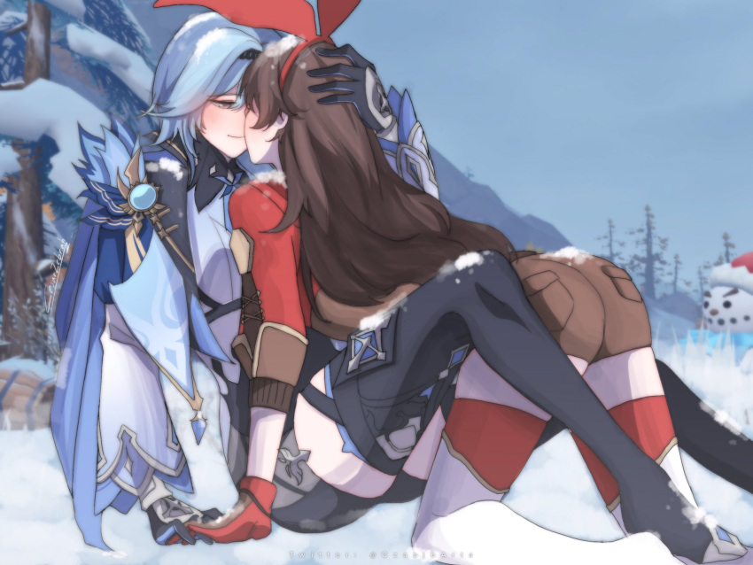 2girls, all_fours, amber_(genshin_impact), aqua_hair, ass, barrel, between_legs, blush, brown_hair, closed_mouth, czasjb, eula_(genshin_impact), forehead-to-forehead, genshin_impact, hand_on_another's_head, hat, heads_together, highres, multiple_girls, outdoors, santa_hat, signature, sky, snow, snow_on_body, snow_on_head, snowman, twitter_username, winter, yuri