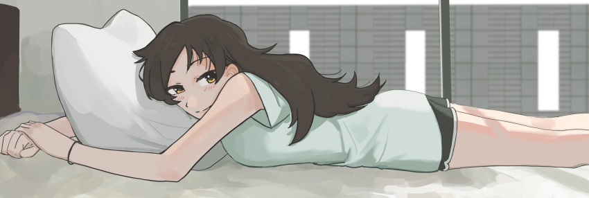 1girl, absurdres, bed, bedroom, blush, brown_hair, epitaph_(1122), highres