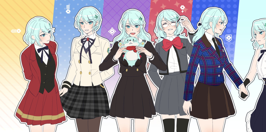 6+girls, :d, alternate_hairstyle, aqua_background, aqua_eyes, aqua_hair, arm_at_side, arm_up
