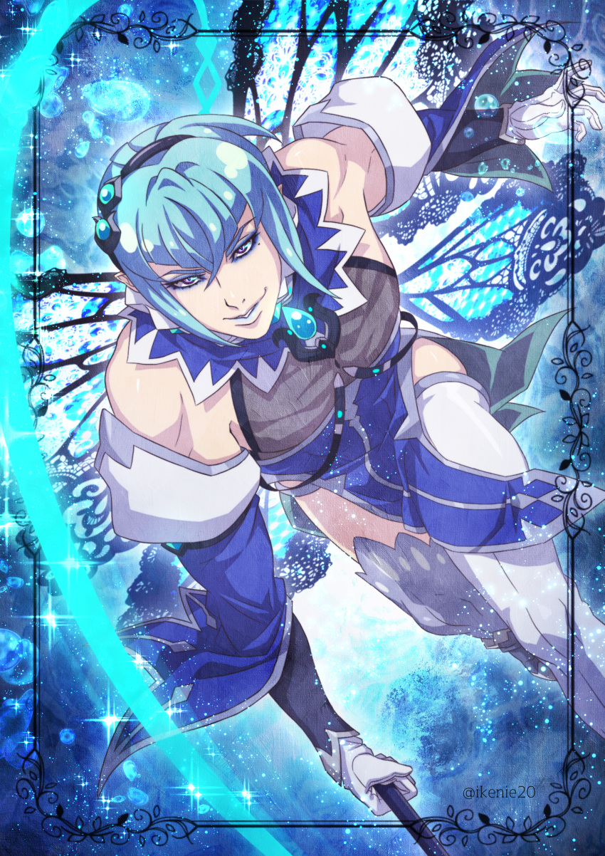 1boy, absurdres, blue_background, blue_hair, blue_lips, brooch, eyeshadow, fairy_ranmaru:anata_no_kokoro_otasuke_shimasu