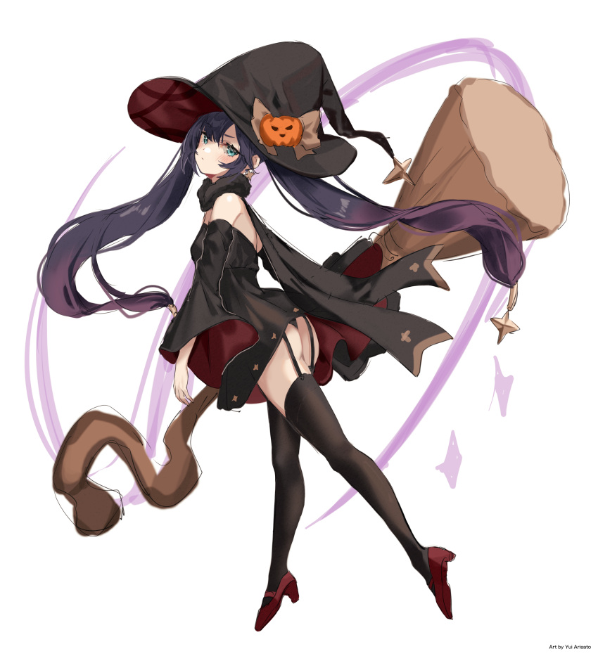 1girl, absurdres, arisato_yui, bangs, black_dress, black_headwear, black_legwear, black_panties, black_sleeves, blue_eyes, blush, bow, brown_bow, detached_sleeves, dress, earrings, floating_hair, from_side, full_body, garter_straps, genshin_impact, hair_between_eyes, hat, hat_bow, highres, holding, holding_staff, jewelry, long_hair, long_sleeves, mona_(genshin_impact), panties, pumpkin_hat_ornament, purple_hair, red_footwear, shiny, shiny_hair, short_dress, simple_background, sketch, sleeveless, sleeveless_dress, solo, staff, standing, strapless, strapless_dress, thigh-highs, twintails, twitter_username, underwear, very_long_hair, white_background, wide_sleeves, witch_hat