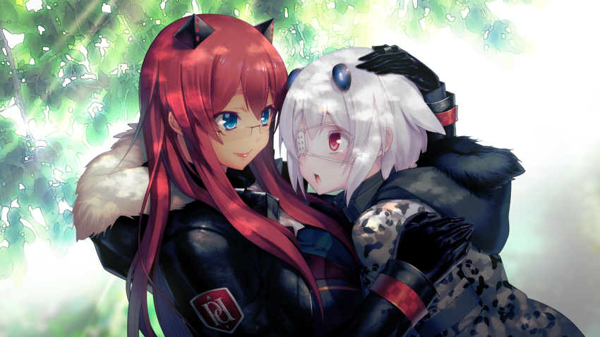 2girls, black_coat, black_gloves, blue_eyes, coat, con_su, eyepatch, floating_hair