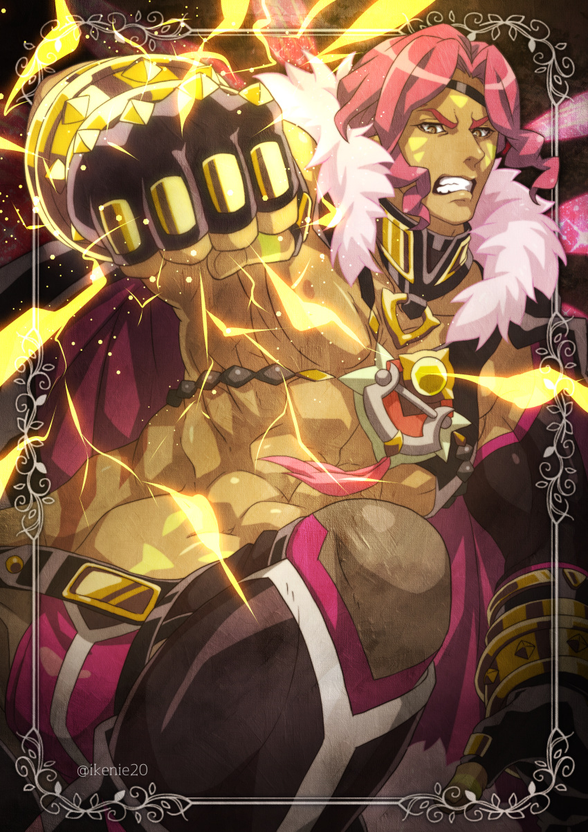 1boy, absurdres, black_legwear, brown_eyes, clenched_hand, clenched_teeth, dark_skin, facial_mark