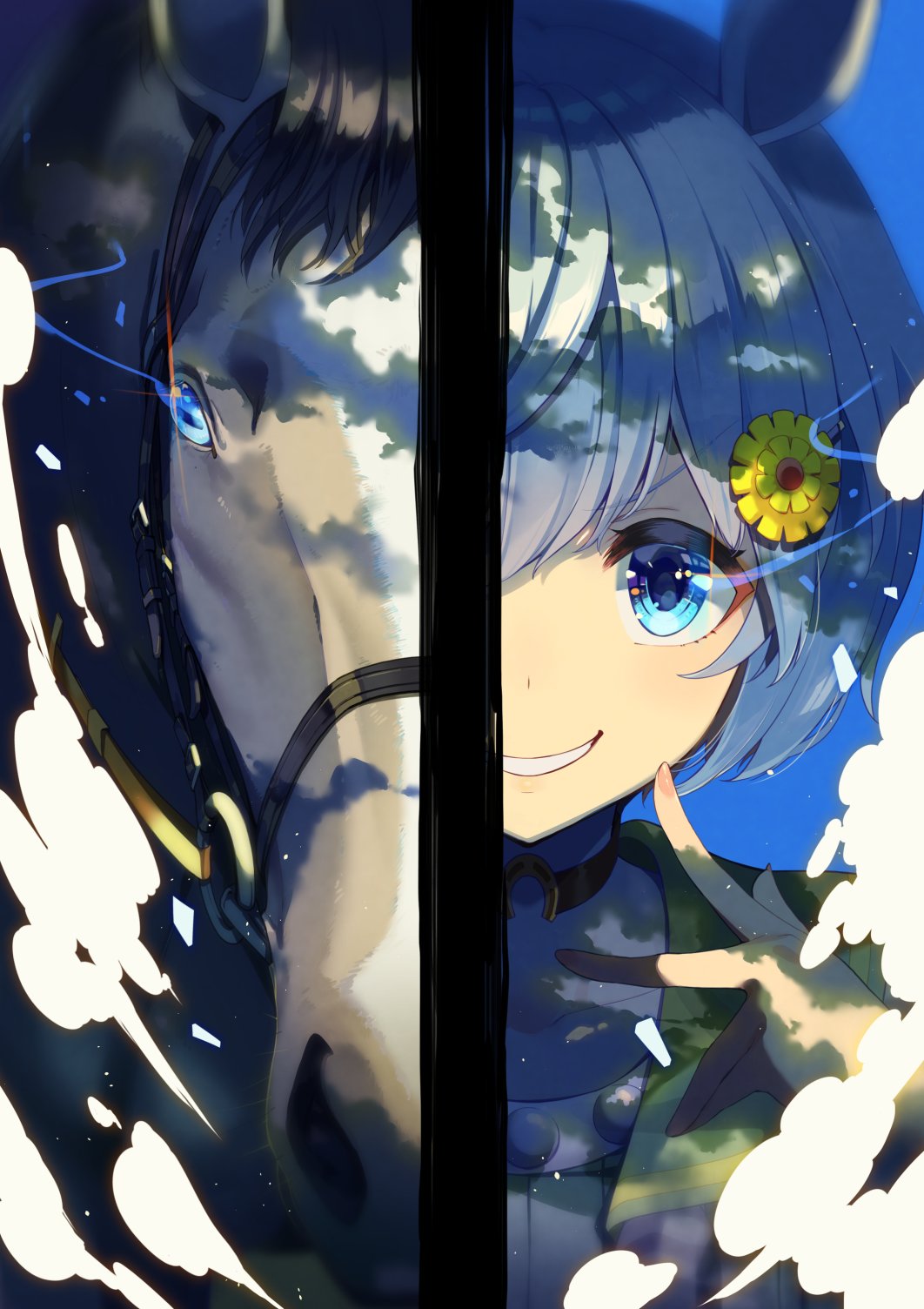 1girl, blue_eyes, choker, clouds, creature_and_personification, glowing, glowing_eye, hair_ornament