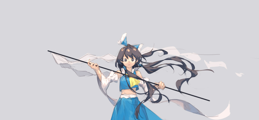 1girl, :o, alternate_color, ascot, blue_shirt, blue_skirt, bow, brown_eyes