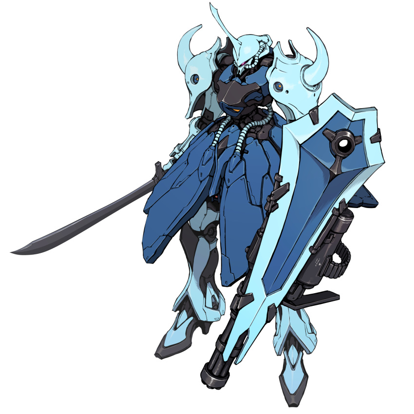 cable, gouf_custom, gundam, gundam_08th_ms_team, highres, holding, holding_sword, holding_weapon