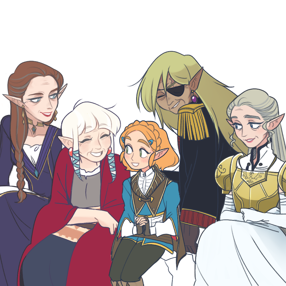 5girls, armor, blonde_hair, braid, breastplate, brown_hair, coat, crown_braid, dress, epaulettes, eyepatch, grey_hair, long_hair, looking_at_another, mims_(mimimon), multicolored_hair, multiple_girls, multiple_persona, old, old_woman, older, pointy_ears, princess_zelda, short_hair, smile, tetra, the_legend_of_zelda, the_legend_of_zelda:_breath_of_the_wild, the_legend_of_zelda:_ocarina_of_time, the_legend_of_zelda:_skyward_sword, the_legend_of_zelda:_the_wind_waker, the_legend_of_zelda:_twilight_princess, time_paradox, two-tone_hair