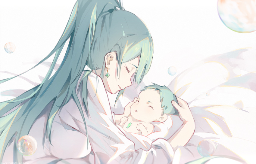 1boy, 1girl, baby, bangs, breasts, chest_jewel, closed_eyes, green_hair, large_breasts, linzi, long_hair, mother_and_son, pneuma_(xenoblade), ponytail, swept_bangs, very_long_hair, xenoblade_chronicles_(series), xenoblade_chronicles_2