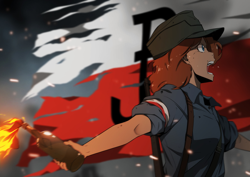 1girl, armband, blue_eyes, blurry, blurry_background, bottle, brown_hair, brown_headwear