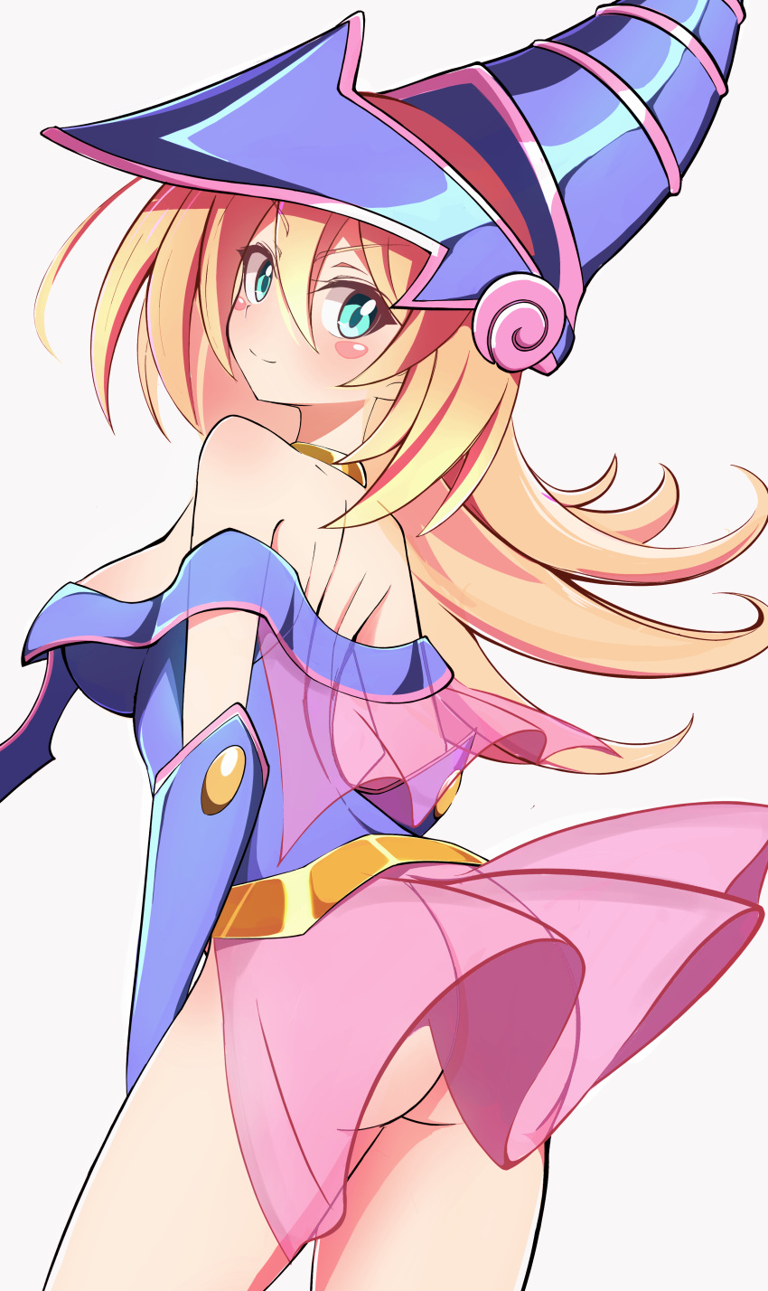 1girl, absurdres, aqua_eyes, ass, bangs, bare_shoulders, blonde_hair, blush, blush_stickers, breasts, capelet, closed_mouth, commentary, dark_magician_girl, dress, duel_monster, eyebrows_visible_through_hair, haruwo0096, hat, highres, long_hair, looking_at_viewer, looking_back, medium_breasts, off-shoulder_dress, off_shoulder, pink_skirt, see-through, short_dress, simple_background, skirt, smile, thighs, white_background, wizard_hat, yu-gi-oh!