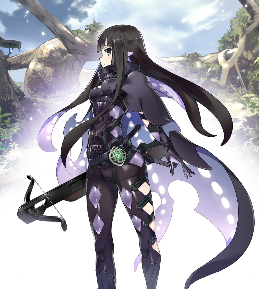 1girl, argyle, argyle_cutout, armor, bangs, black_bodysuit, black_hair, black_legwear