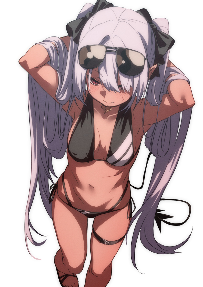 1girl, armpits, arms_behind_head, bangs, bikini, blue_archive, blush, breasts