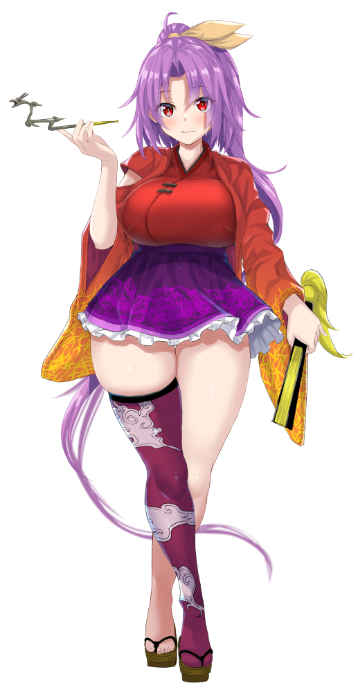 1girl, :3, asymmetrical_legwear, bangs, blush, breasts, closed_fan, dragon, ebi_193, eyebrows_visible_through_hair, folding_fan, frilled_skirt, frills, full_body, geta, hand_fan, holding, japanese_clothes, kimono, kiseru, komakusa_sannyo, large_breasts, long_hair, long_sleeves, miniskirt, open_clothes, parted_bangs, pipe, ponytail, purple_hair, purple_legwear, purple_skirt, red_eyes, red_kimono, red_robe, red_shirt, ribbon, robe, shirt, sidelocks, simple_background, single_thighhigh, skindentation, skirt, solo, strut, thick_thighs, thigh-highs, thighs, touhou, vine_print, white_background, wide_hips, wide_sleeves, yellow_ribbon