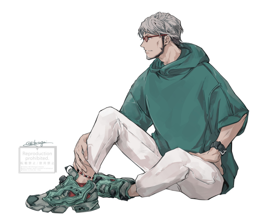 1boy, ankleband, arurandeisu, bangs, beard, facial_hair, from_side, glasses